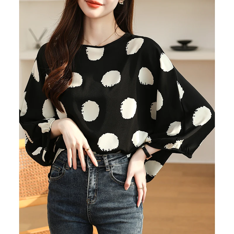 Women Spring Korean Loose Simplicity Polka Dot Chiffon O-neck Pullover 3/4 Sleeve Shirts Women Clothes Casual All-match Tops