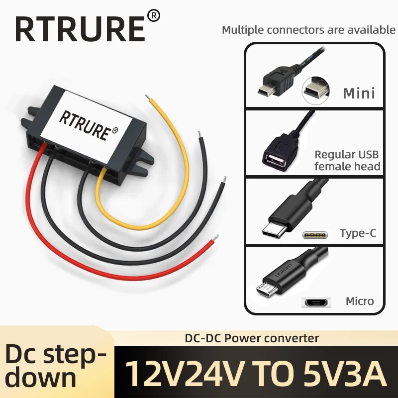 

12V24V to 5V 3A Charging Converter DC DC 12V to 5V Step Down Converter with Female/MICRO/TYPE C/MINI USB for Car Motorcycle