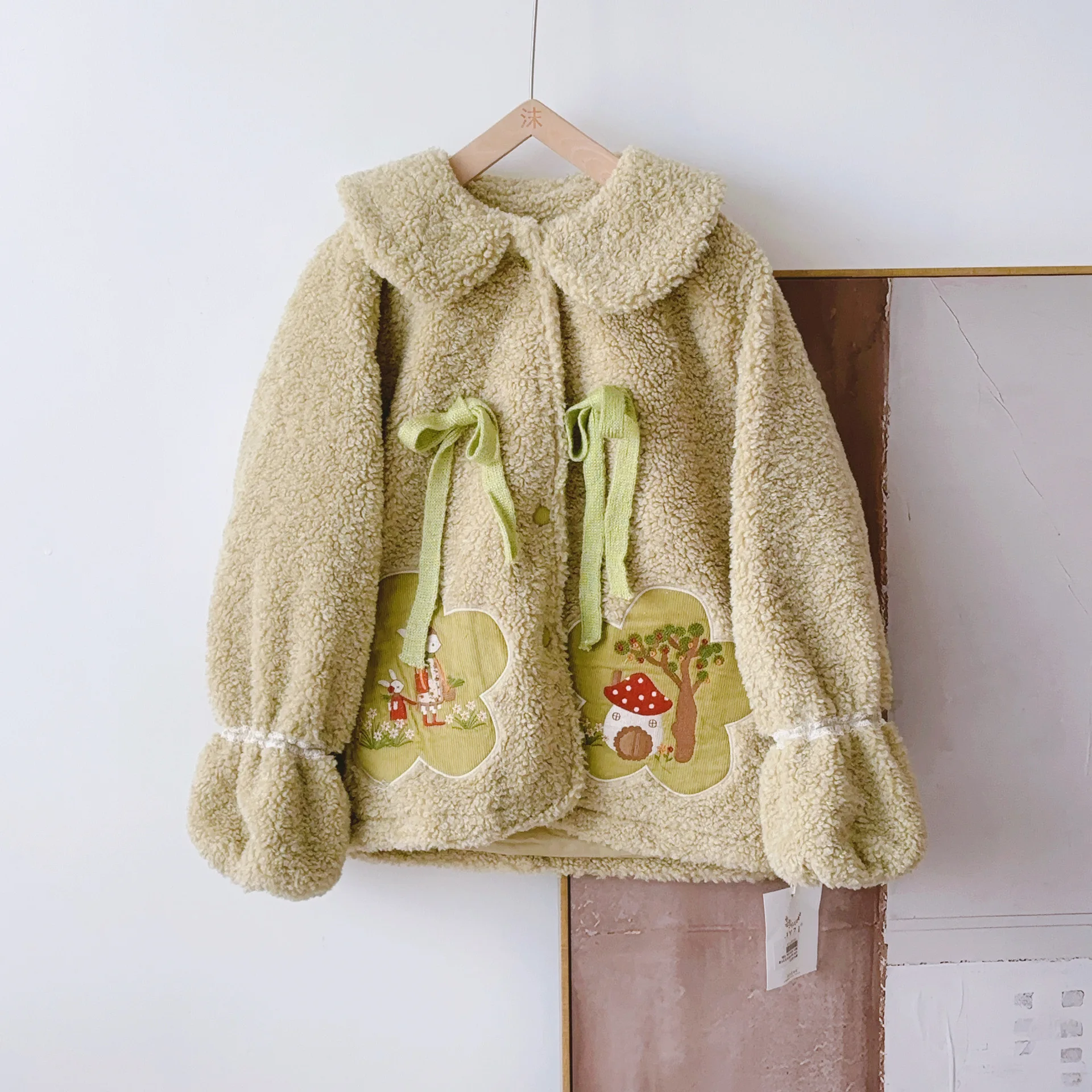 Japanese Vintage Mori Girl Embroidery Thicken Fleece Jacket Outwear Women Winter Kawaii Peter Pan Collar Casual Cotton Coat