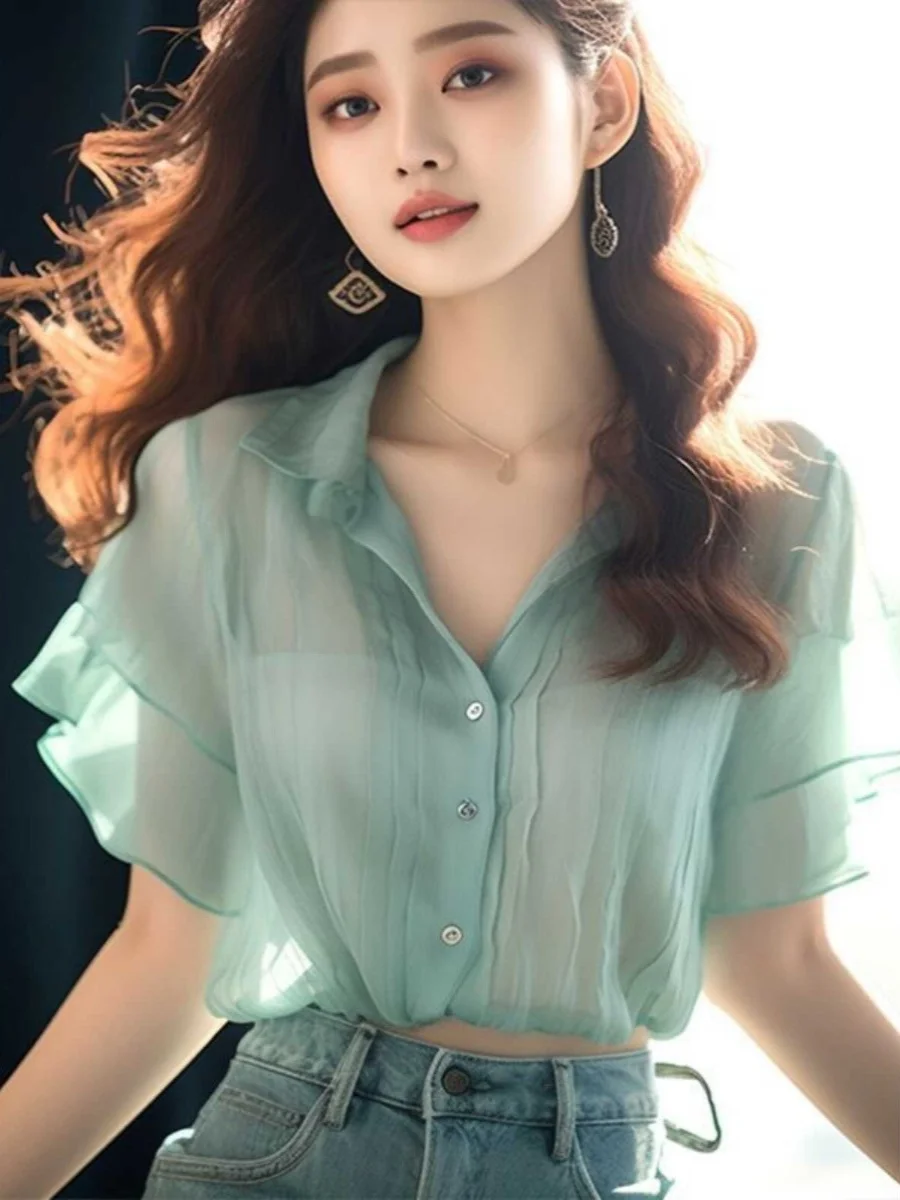 

Sweet Lace Trimmed Chiffon irt Women's Elely V-Ne Thin ort Sve Summer New Sle Beautiful Top Simple Commute Sle