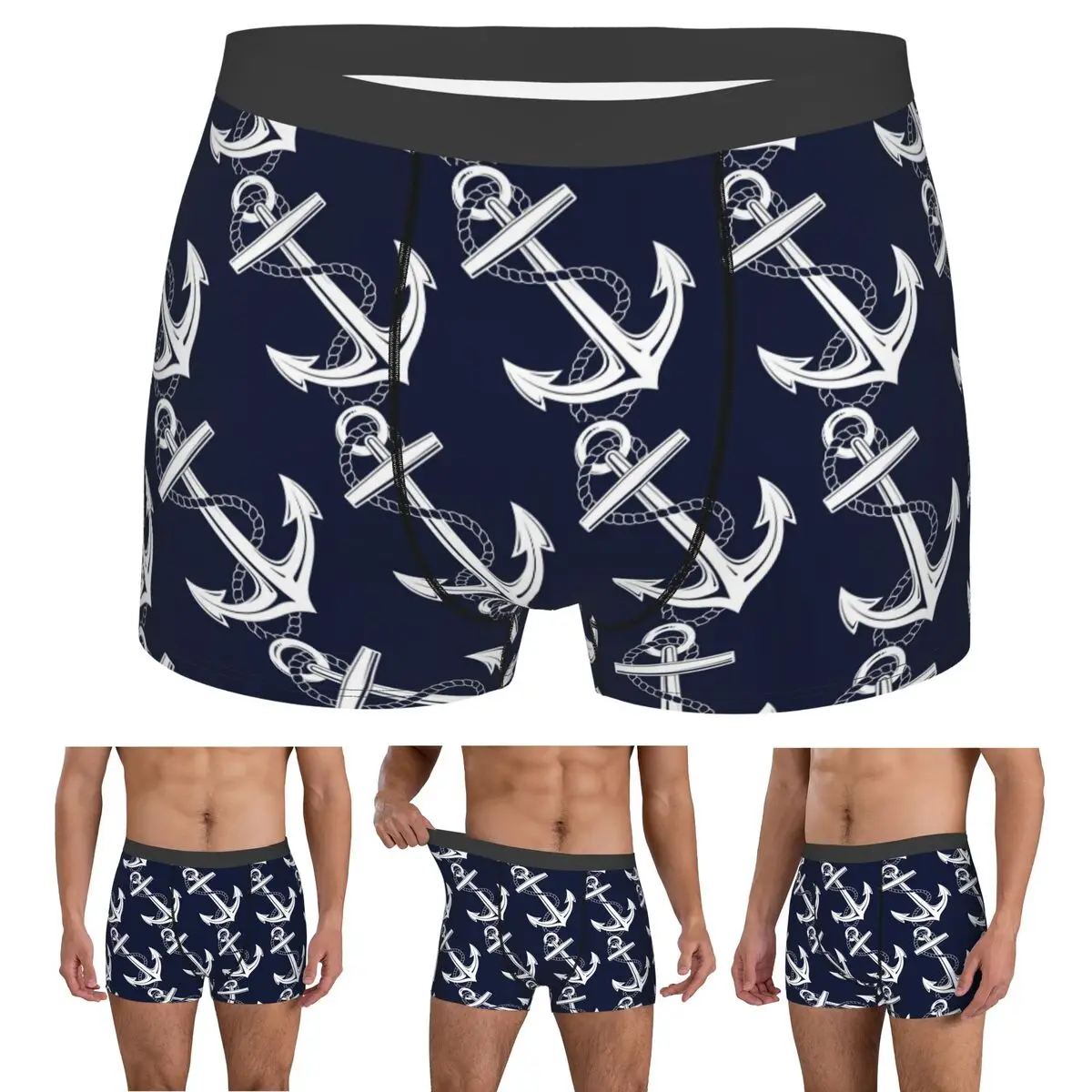 Boxer Underpants Shorts Anchor Nautical White And Navy Panties Male Comfortable Underwear for Homme Man Boyfriend Gift