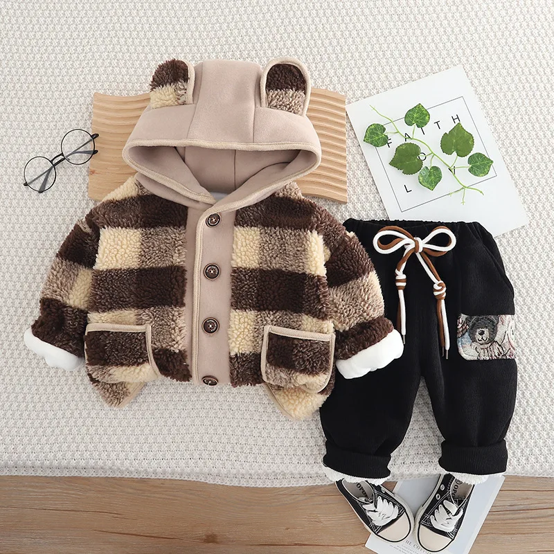 

2025 Winter Boys Fleece Set Checkered Hood Coat & Pants 2-Piece Outfit Thickened Warm Kids Clothes for Toddler Casual Fashion