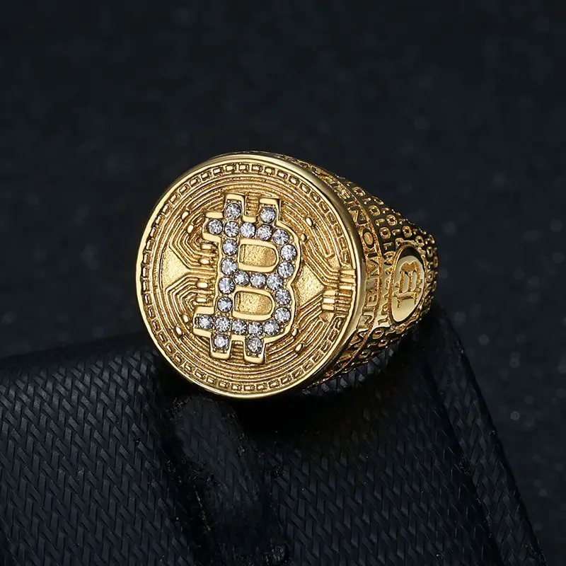 HIP Hop Bling Iced Out Gold Color Stainless Steel Bitcoin Round Rings for Men Rapper Jewelry Size 7-13