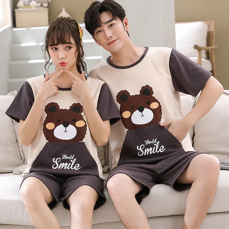 Summer New Knitted Cotton Couple Cartoon Men\'s Pyjamas Red Pajamas Set Casual Male Sleepwear Pyjamas Night Pijamas 4XL Homewear