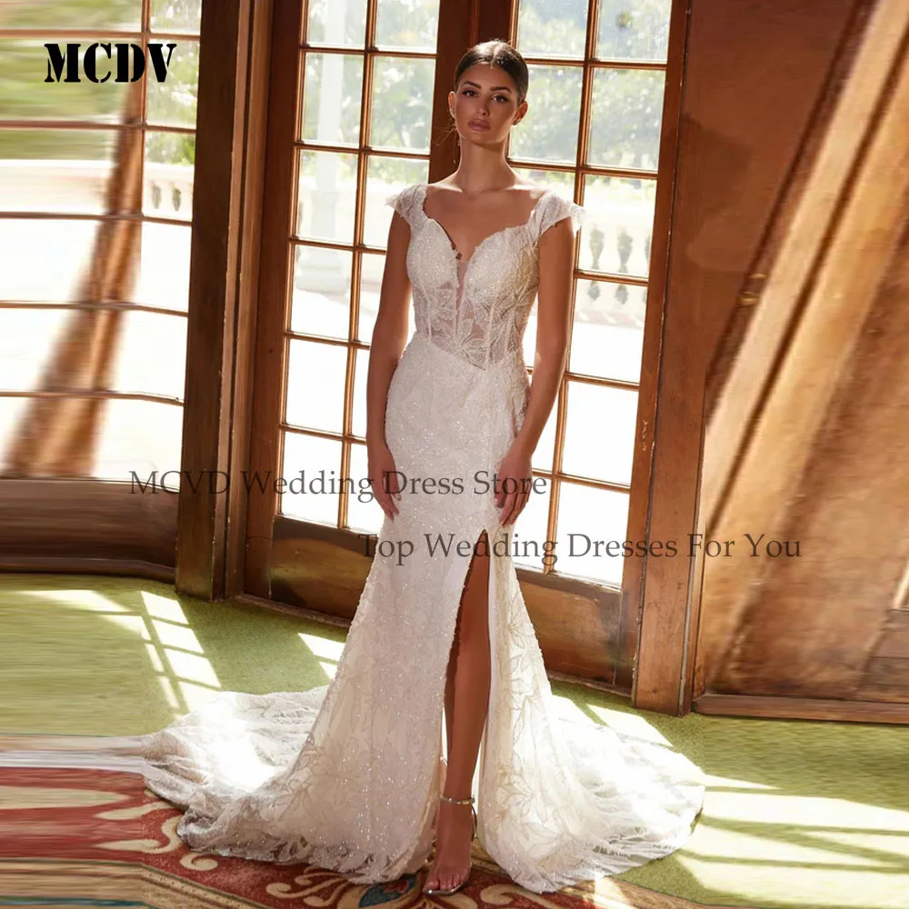 

MCDV Sexy Mermaid Lace Wedding Dresses For Women Cap Sleeves V-Neck Side Split Bride Gowns Dress vestidos de novia Customized