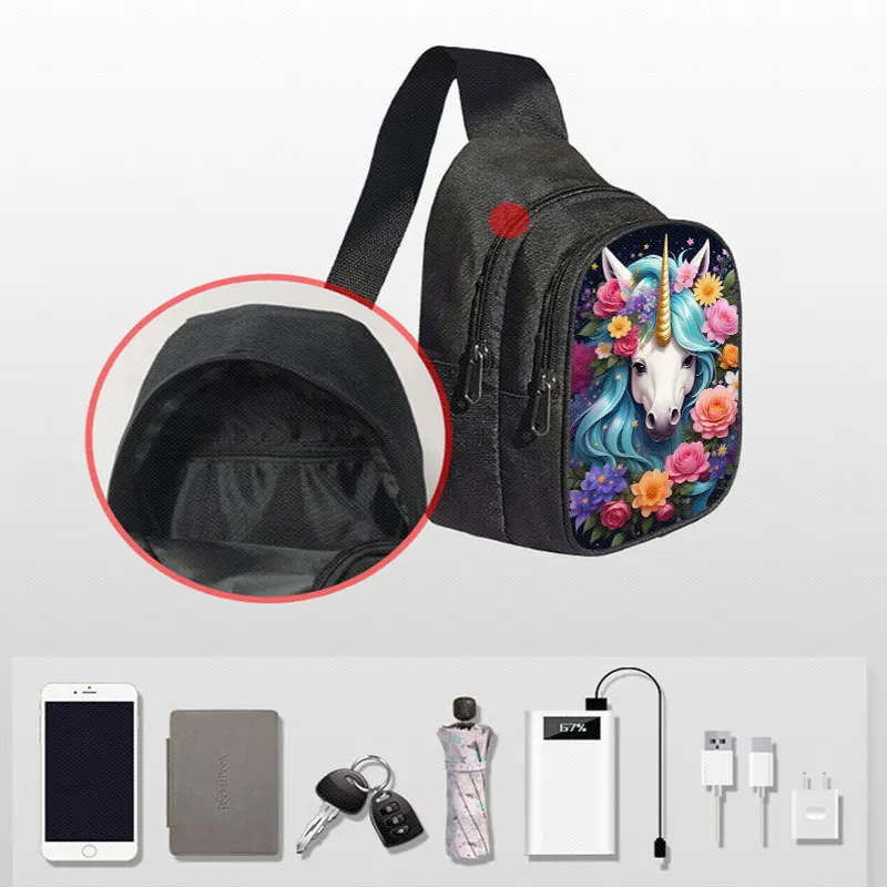 Simpatico unicorno con stampa floreale Borsa sul petto Fantasy Unicorn Borse a tracolla da donna per borse a tracolla da viaggio Portachiavi per telefono