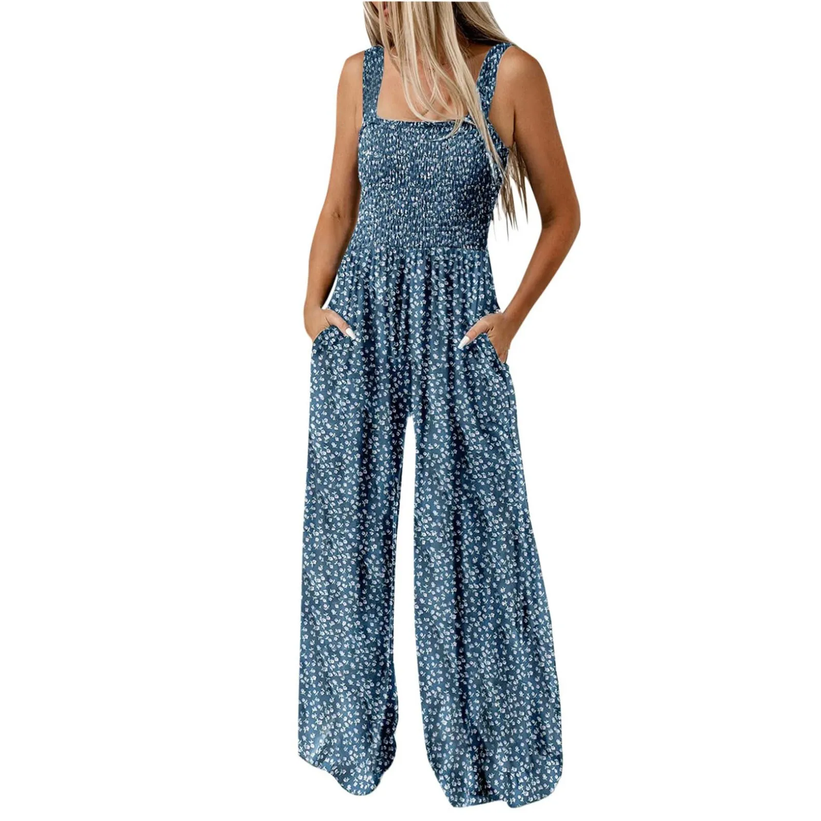 

Women's Summer Loose Jumpsuits Pleated Shoulder Straps Printed Pocket Wide Leg Jumpsuit Square Collar Sleeveless Jumpsuit
