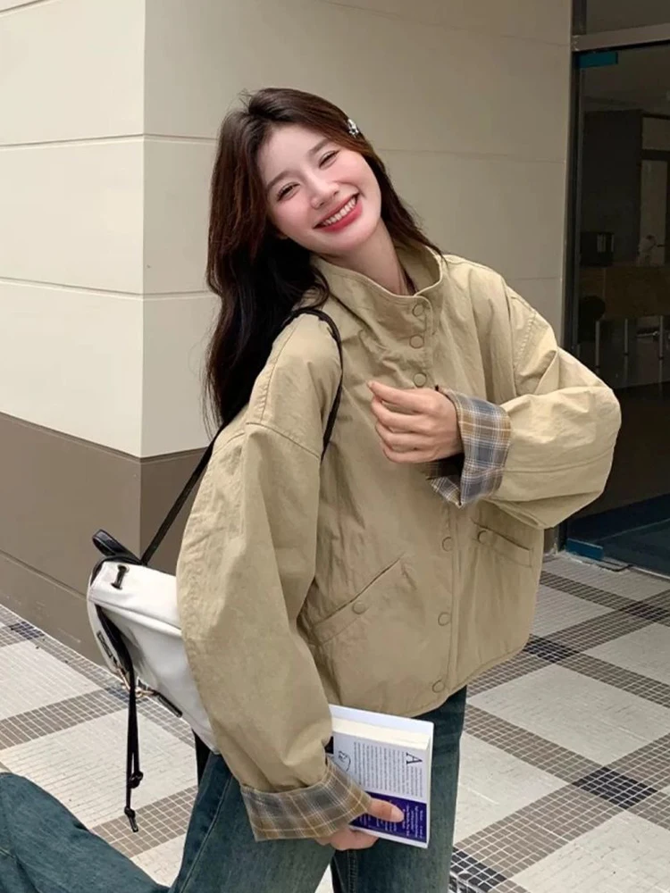 Vintage Plaid Cargo Women Retro Double Sided Wear Preppy Style Sweet Coat Korean Fall Winter Long Sleeve Pockets Top