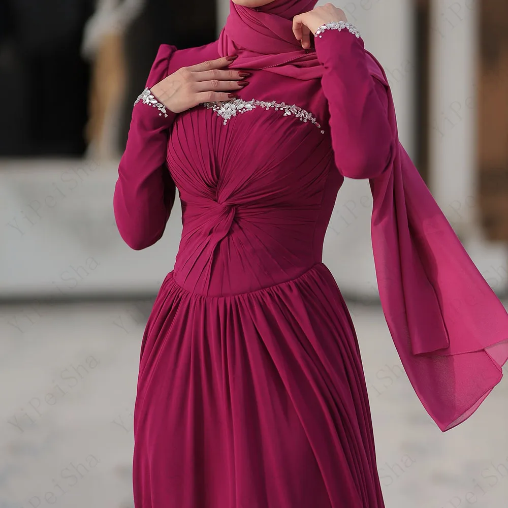 Abiti da ballo a-line personalizzati Abito da sera a maniche lunghe con collo alto al pavimento Abito da festa casual drappeggiato semplice in cristallo di moda