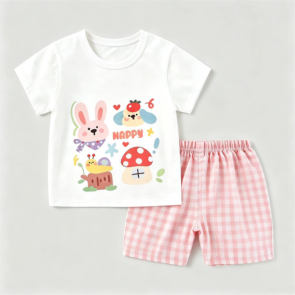 Children Cartoon TShirt Plaid Shorts Two Piece Set Casual Fashion Clothing Baby Printed Tees Simple Versatile Shorts 2Piece Set