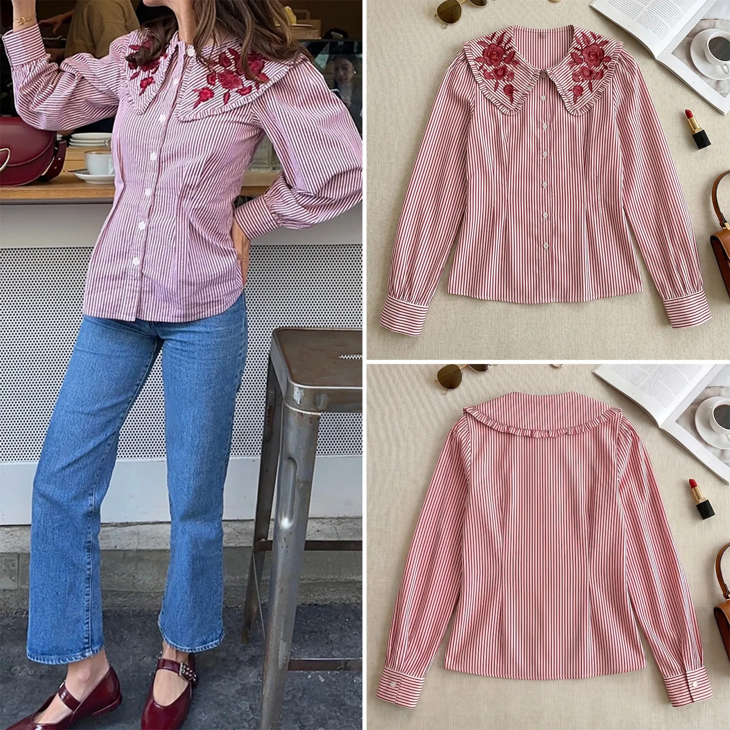 

Retro Style Women's Striped Shirt Button Embroidered Waist Cinching Long Sleeve Classic Collar Open Cardigan Summer Fashion