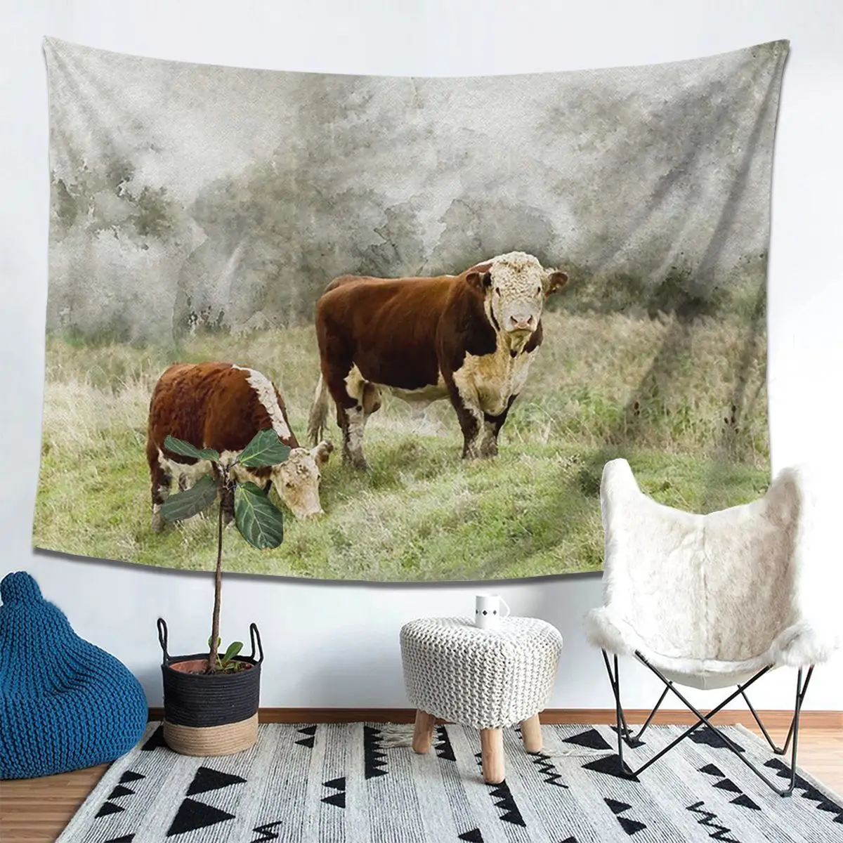 

Hereford Bull And Cow Watercolour Photograph Tapestry Decoration Art Aesthetic Tapestries Bedroom Home Wall Cloth Wall Hanging
