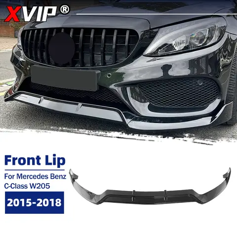 XVIP Glossy Black 3-Piece BBS Style Front Bumper Lip Spoiler For Mercedes Benz C-Class W205 2015-2018