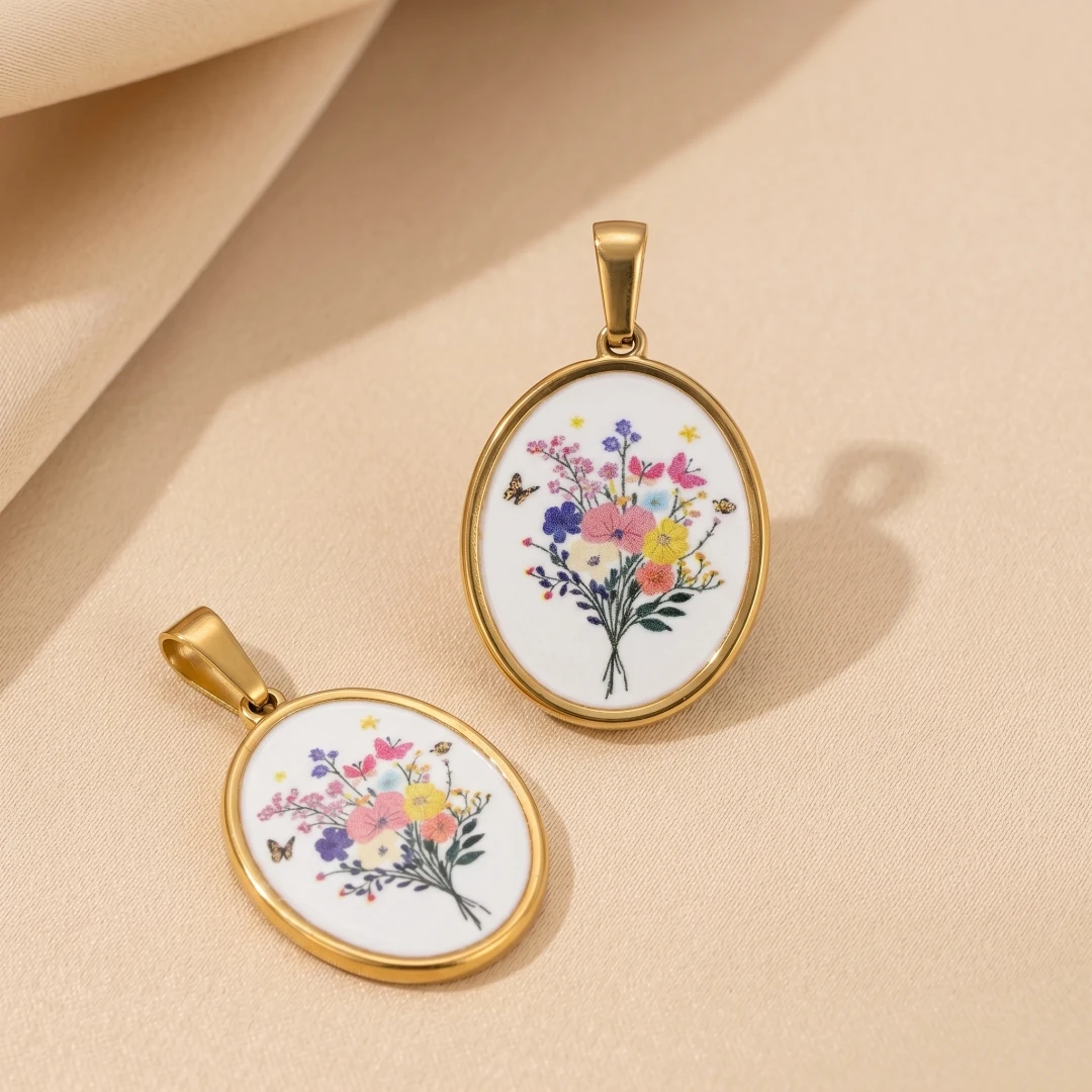 2 Stück Edelstahl-Emaille Rosen-Trockenblumen-Anhänger, unregelmäßige runde Form, für DIY-Halsketten und Schmuckherstellung, Großhandel – Detail 5