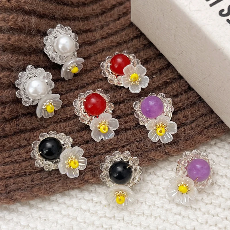 

PONYKISS 925 Sterling Silver Pearl Chalcedony Crystal Flower Stud Earrings for Women Minimalist Vintage Fine Jewelry Accessories