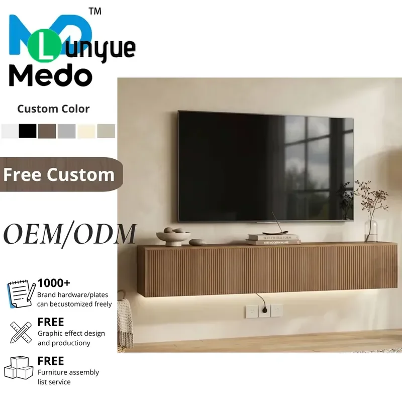 Japanese Style Wall Mounted Floating TV Stand Plywood Media Console with Slot Customizable ODM Wholesale Furniture for