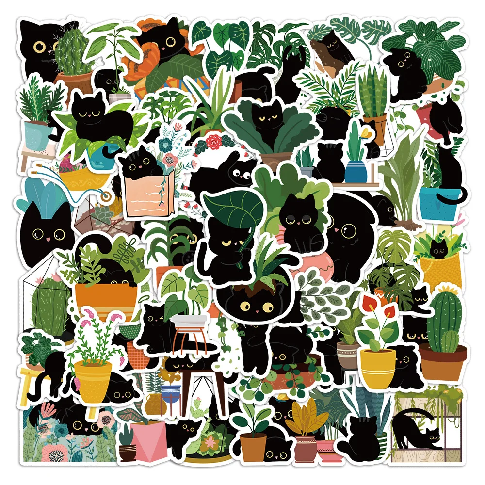 60pcs Cute Plant Black Cat Cartoon Stickers Waterproof Graffiti Phone Case Bike Kawaii Decoration Sticker