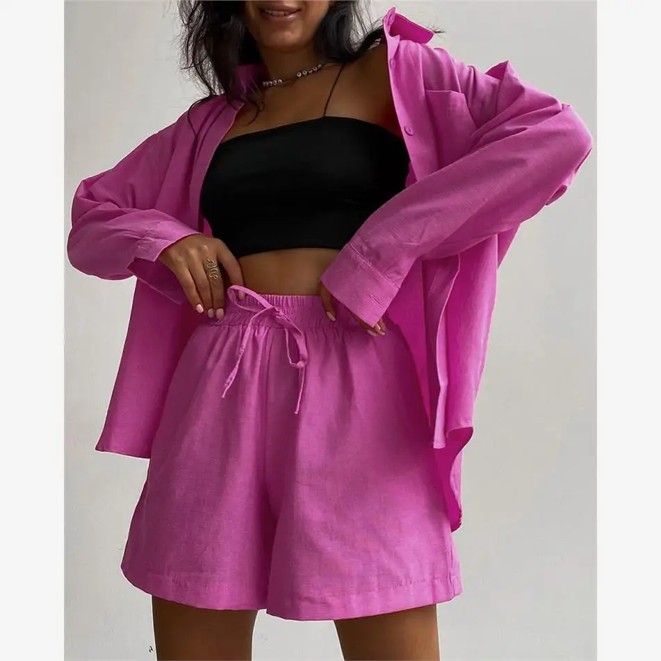 

Women's Fashionable Casual Shirt And Pants Two-Piece Set Summer Polyester Blend Comfortable Fit for Ages 25-35