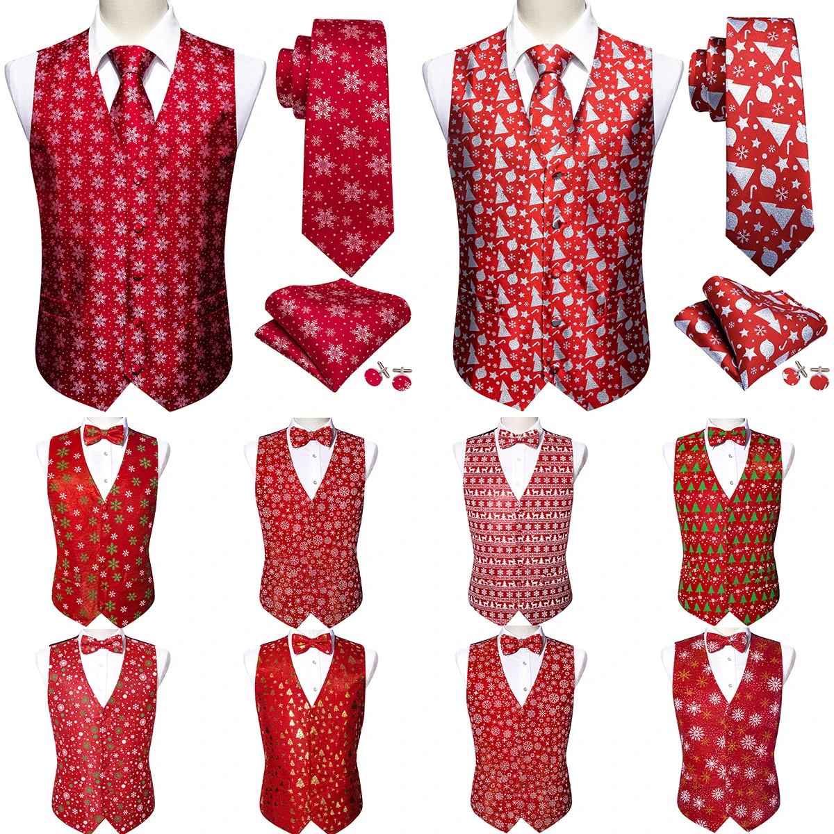 Chaleco de diseño de Navidad para hombre, conjunto de corbata de pajarita, rojo, verde, blanco, dorado, copo de nieve, Papá Noel, alce, fiesta,