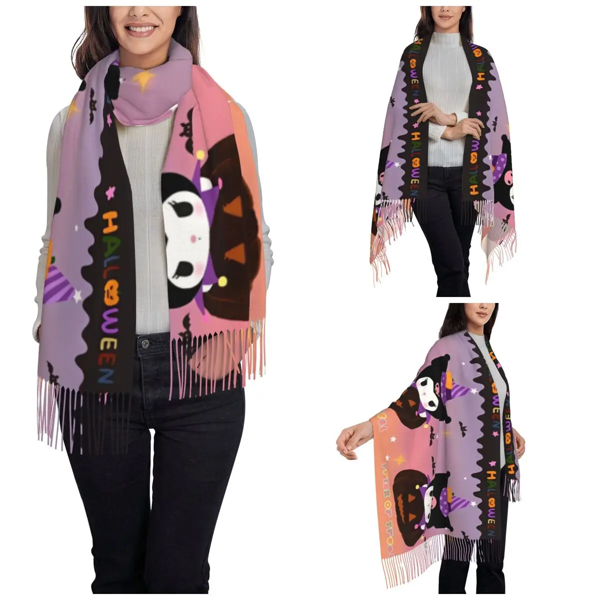 Women's Tassel Scarf Kawaii Kuromi Halloween Pumpkin Long Super Soft Shawl and Wrap Trick or Treat Daily Wear Pashmina Scarves