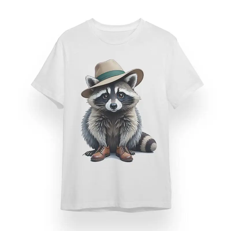 

Men'S T Shirt With Adorable Raccoon White 100 Cotton Summer