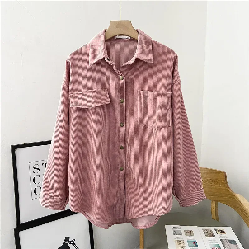 Women Blouses Corduroy Solid Casual Shirts Pockets Long Sleeve Turn-down Collar Korean Style Vintage Simple Autumn Button Up INS