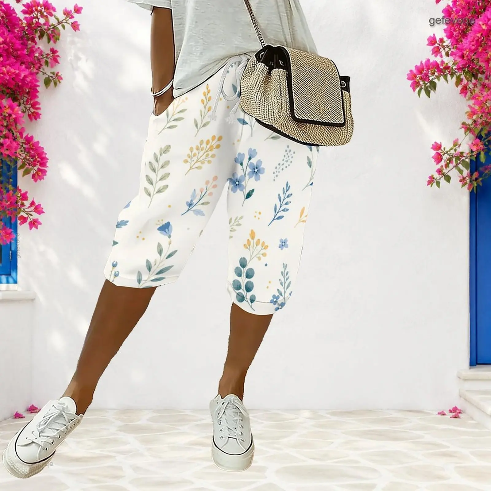 Women Printed Shorts Drawstring Waist Side Pockets Knee Length