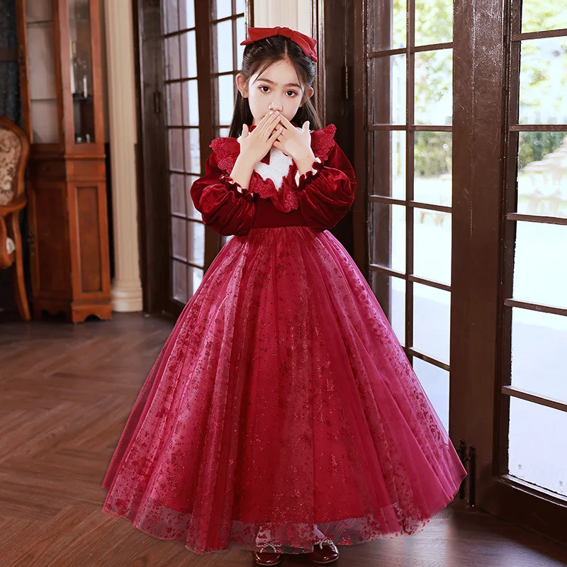 

2024 Teenmiro Formal Party Dress for Girls Kids Autumn Winter Velvet & Sequins Red Ball Gowns Children Piano Performance Costume