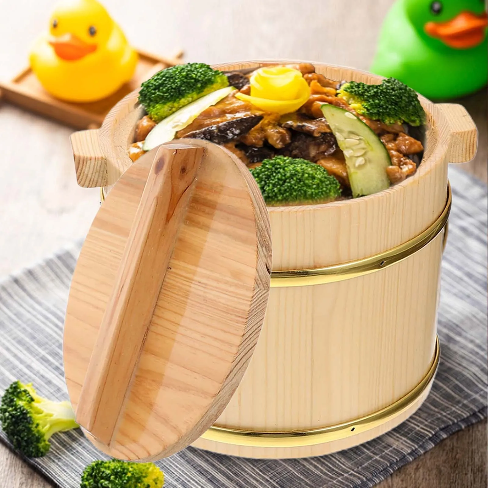 16cm Wooden Japanese Rice Bucket Rice Bucket Mixing Round Bowl With Lid Protable Reusable Rice Steamer For Sushi Rice Kitchen