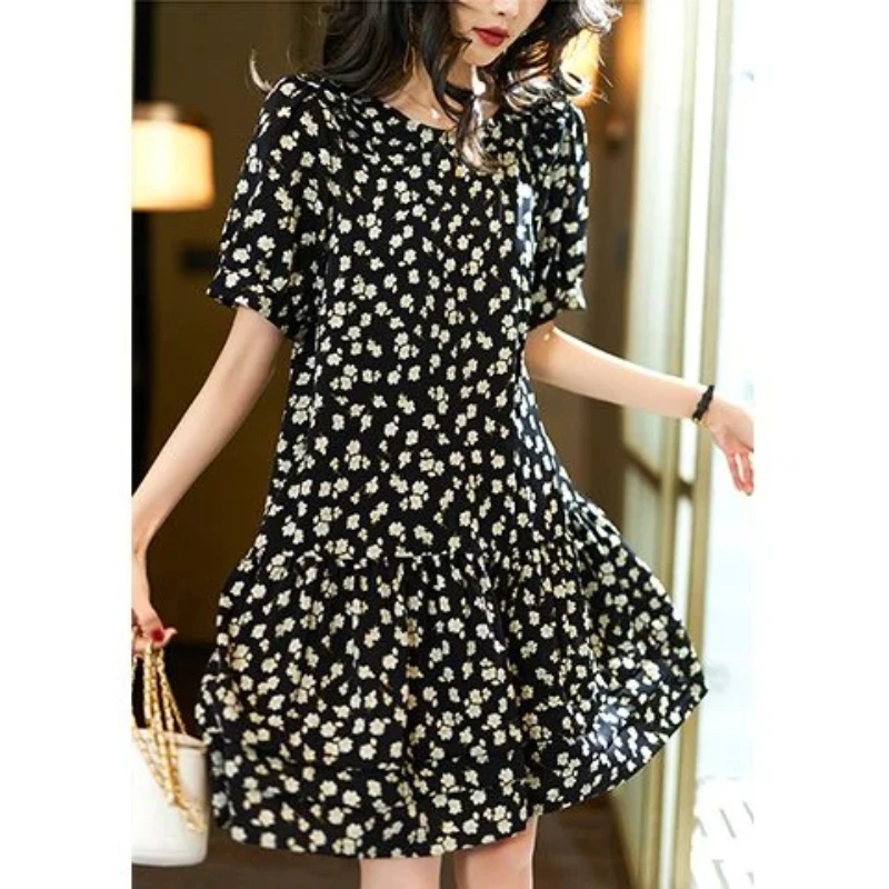 

Floral Print A Line Dress Women Casual Short Sleeve O Neck Loose Fit Mini Dress With Ruffles Summer Style