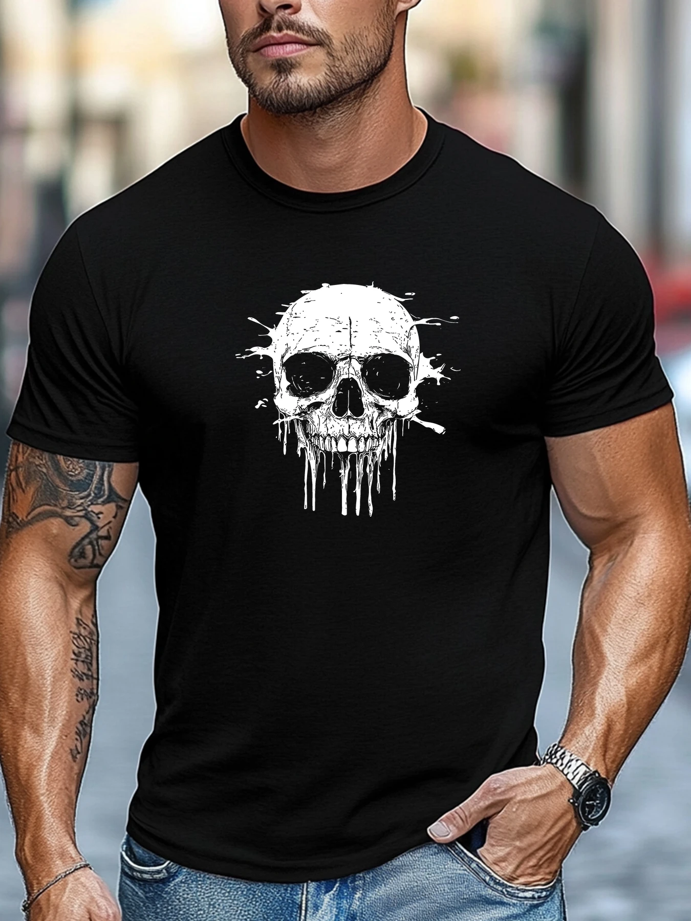 Men Black Crew Neck Tee White Splatter Dripping Liquid Skull Grunge Horror Skeleton Head Dark Gothic Graphic Soft Short Sleeve