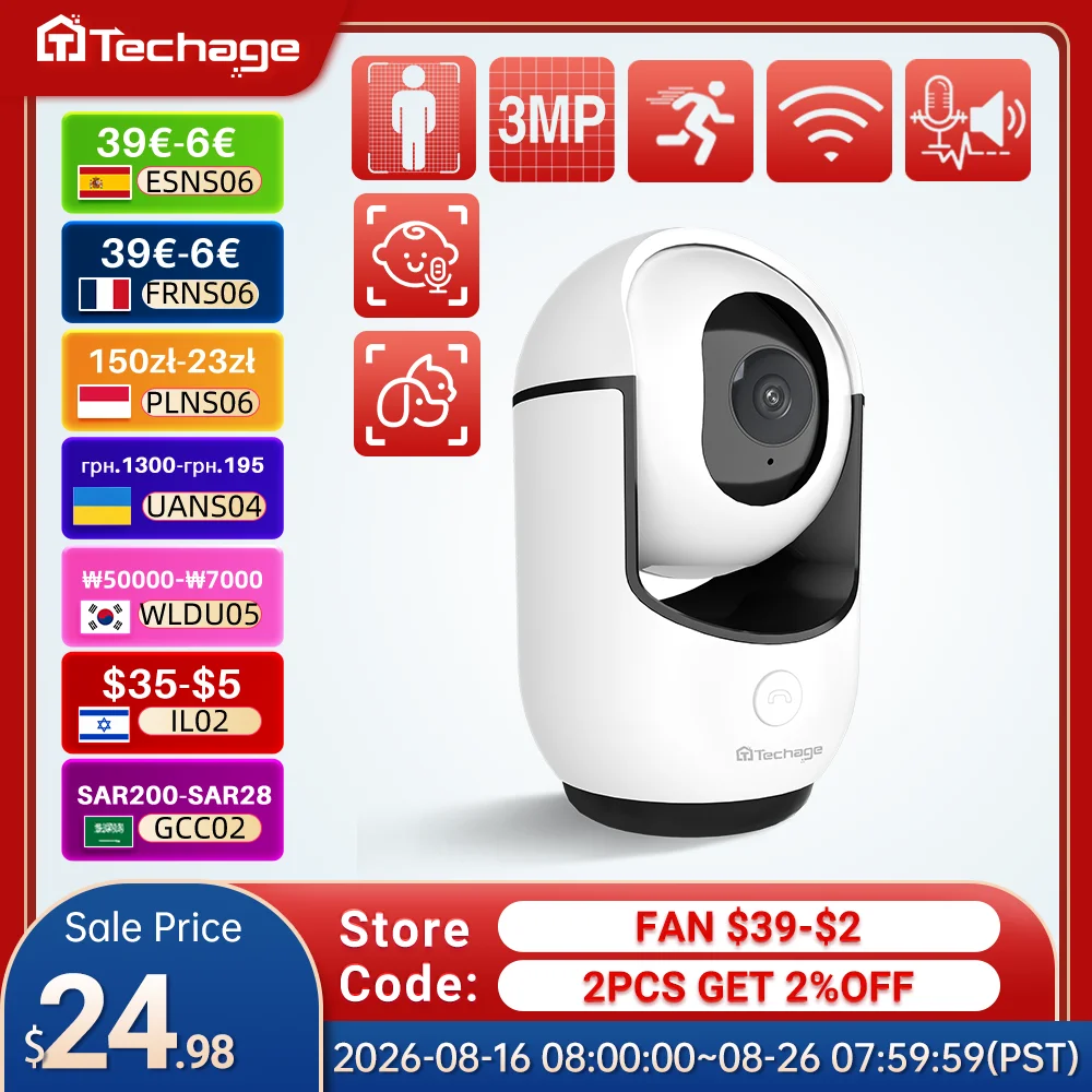Techage 3MP WLAN-Kamera Kabellose IP-Überwachung Intelligente KI-Weinen-/Haustier-Erkennung Innen-Sicherheitskamera 2-Wege-Audio Babymonitor TF Cloud