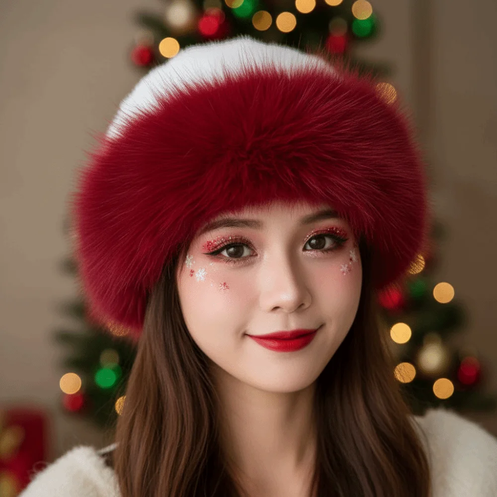 Faux Fur Christmas Fur Hat Round Top Thick Fluffy Trapper Cap Fleece Lined Soft Brim Bucket Hats Winter Outing