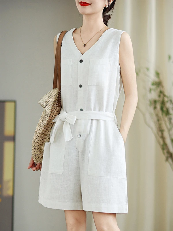 Artistic Pure Color Simple Belted Waistl Svel Jumpsuit Large Size Women's Cotton Linen Casual Wide Leg orts Summer
