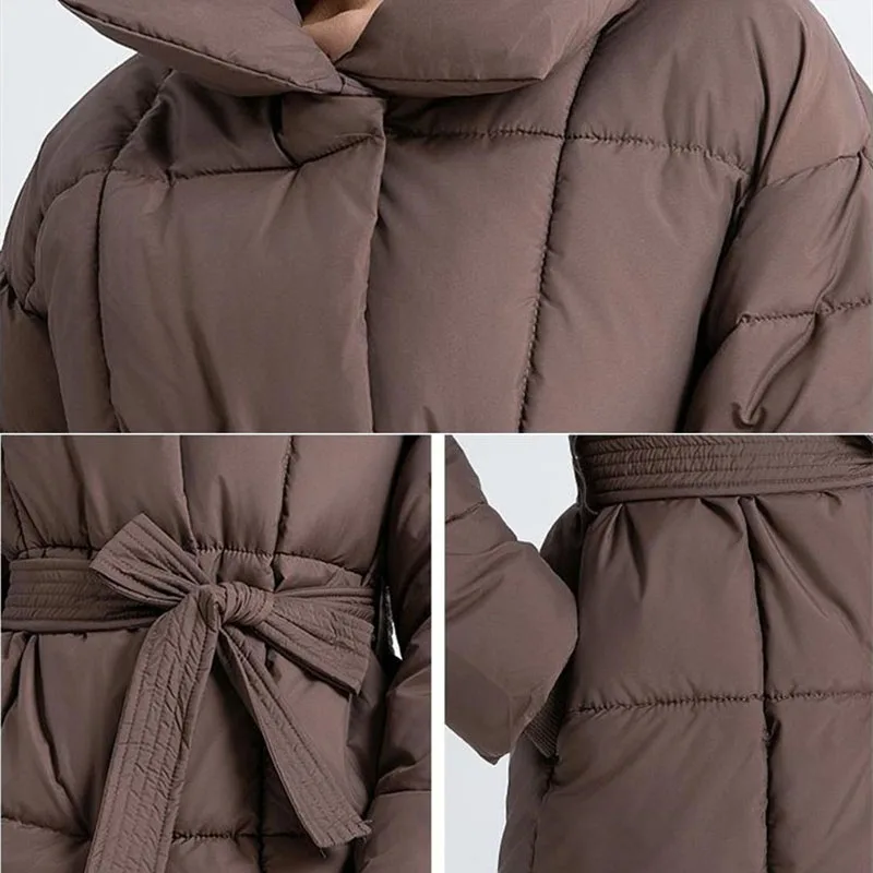 Donne 2025 NUOVO Inverno Parka Cappotto Vita di fascia alta Legare Imbottiture Giacca di cotone Stile coreano Moda Sottile Spessore Caldo Pane Giacca