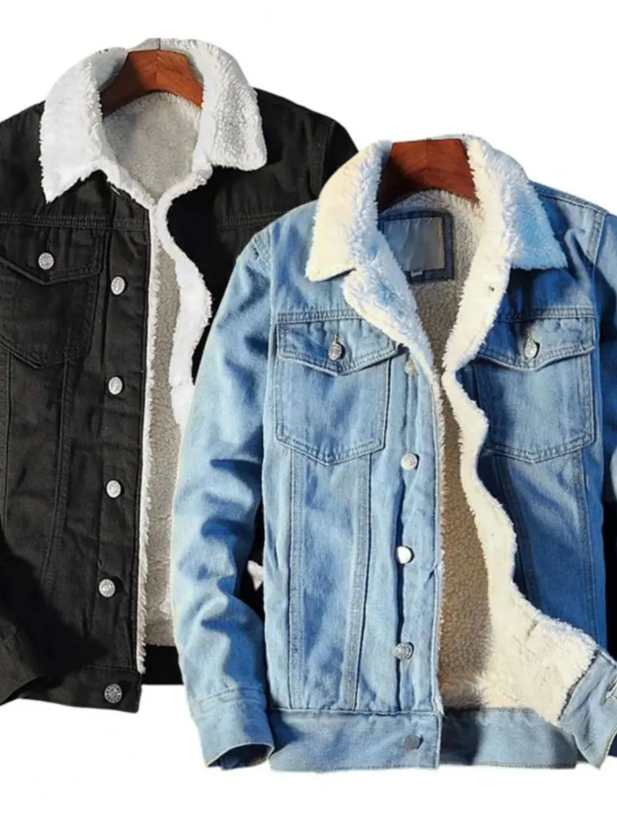 

Men's Plu Fce Lined Denim Jaet Stand Collar Zipper Closure Long Sve Stand Fit Outerwear for Autumn Winter