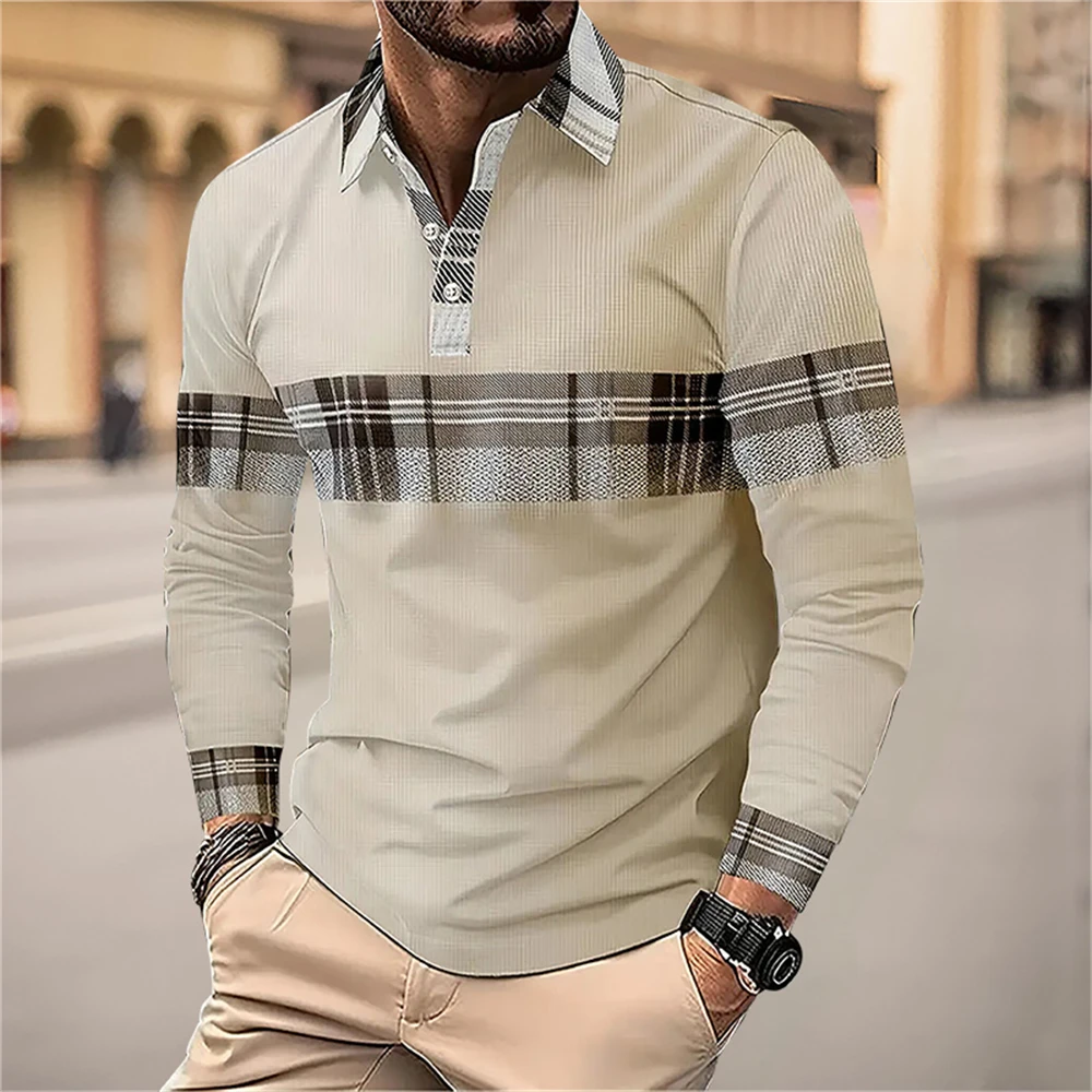 Fashion Flip Collar Office Polo Shirt Men\'s Breathable Leisure Long Sleeve Tops New Spring and Autumn Plaid Casual Mens Clothing