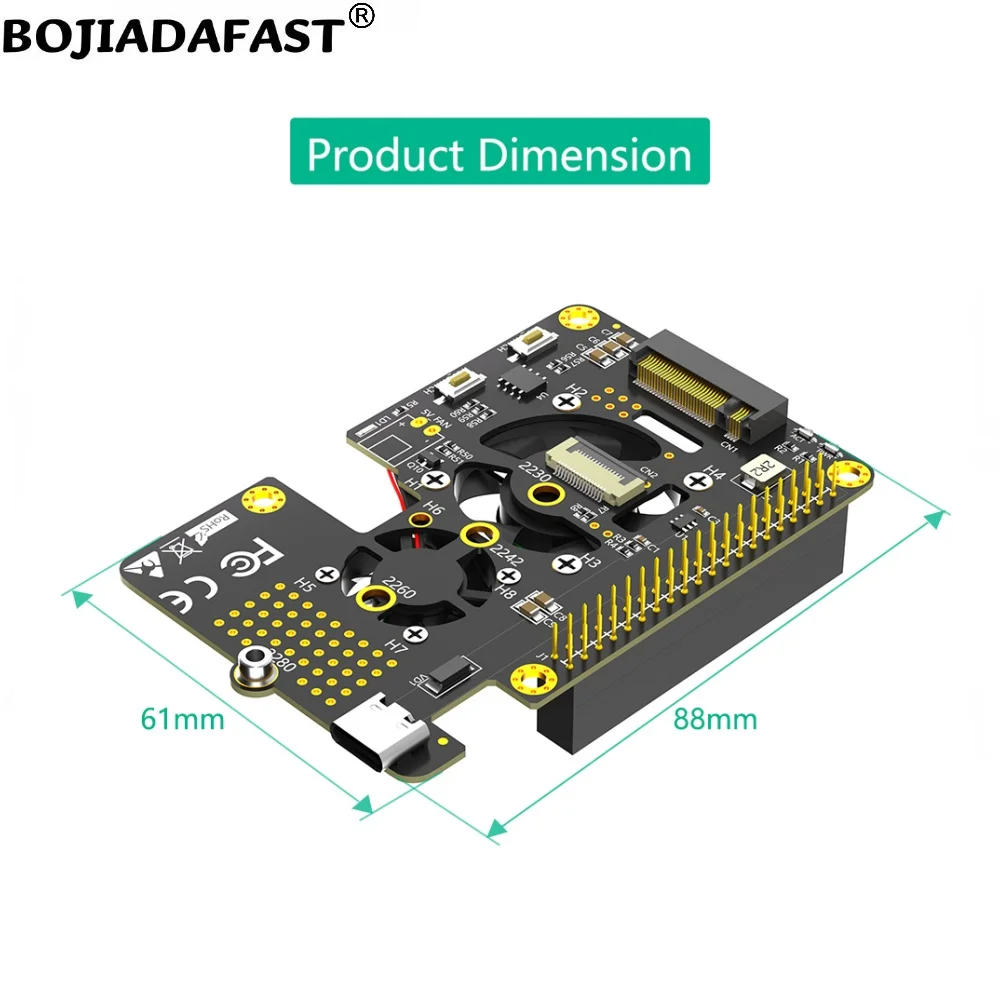 NGFF M.2 Key-M Key B+M 2280 M2 NVMe SSD Converter Adapter Card With Dual Fans & PCI-E 1X Signal FPC Cable For Raspberry Pi 5