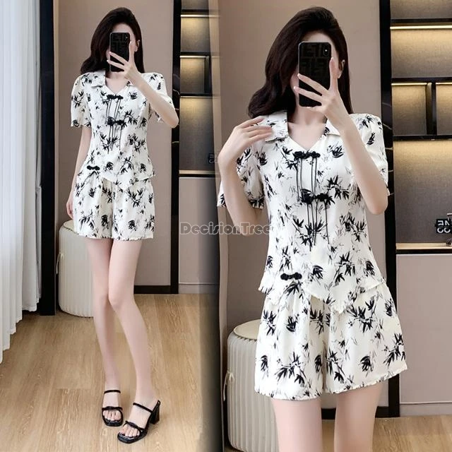 2024 new chinese style tang suit set women summer improved fashion ink painting short sleeve top shorts retro two-piece set w824