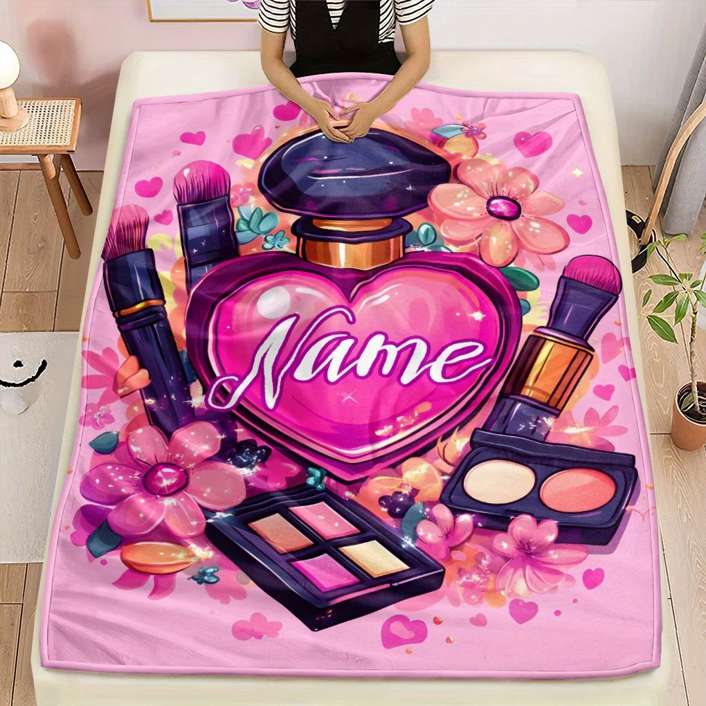 Personalisierte Glam-Make-up-Liebhaber-Decke, individueller Name, leichtes Flanell, für alle Jahreszeiten, gemütlich, für Zuhause, Büro, Reisen, Camping, Dekoration