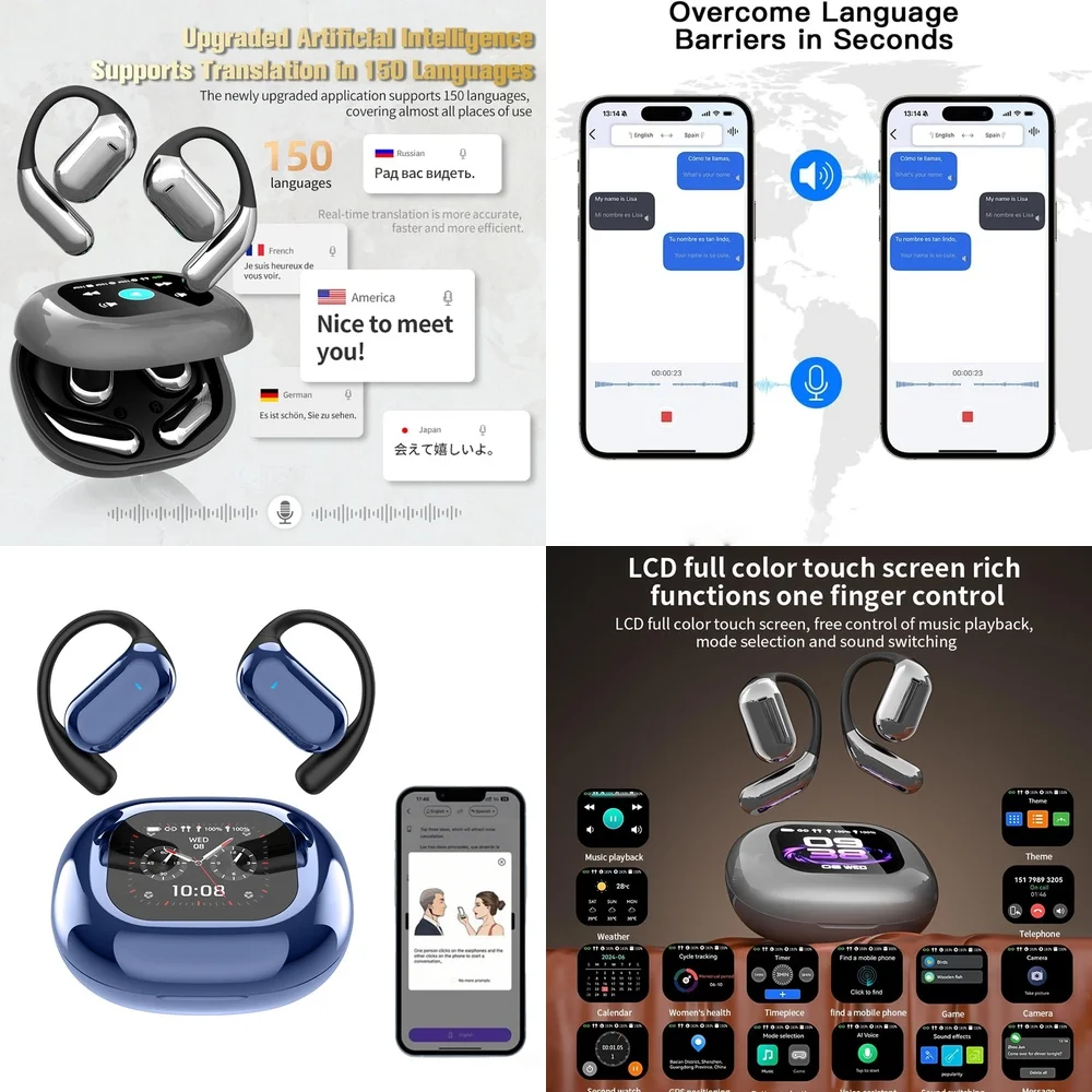 BT 5.4 OWS Ear Phone Wireless with LCD Display OWS AI Language Translation Earphone with 144 Languages Clear Calls Earbuds
