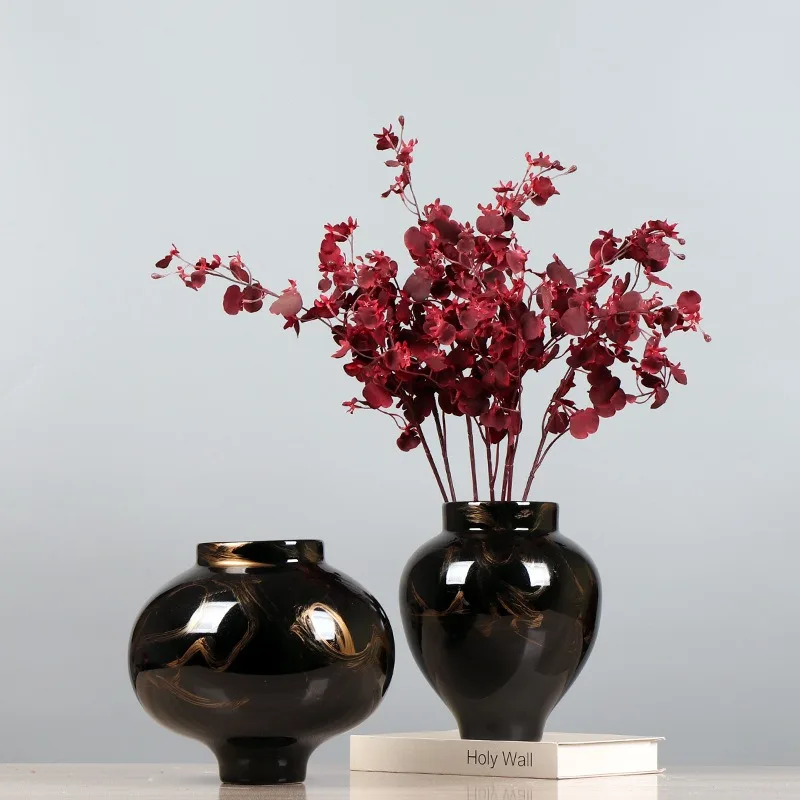 New Chinese Bright Ceramic Vase Hand Painted Black Color Scheme Ornament Hotel Flower Arrangement Ornament