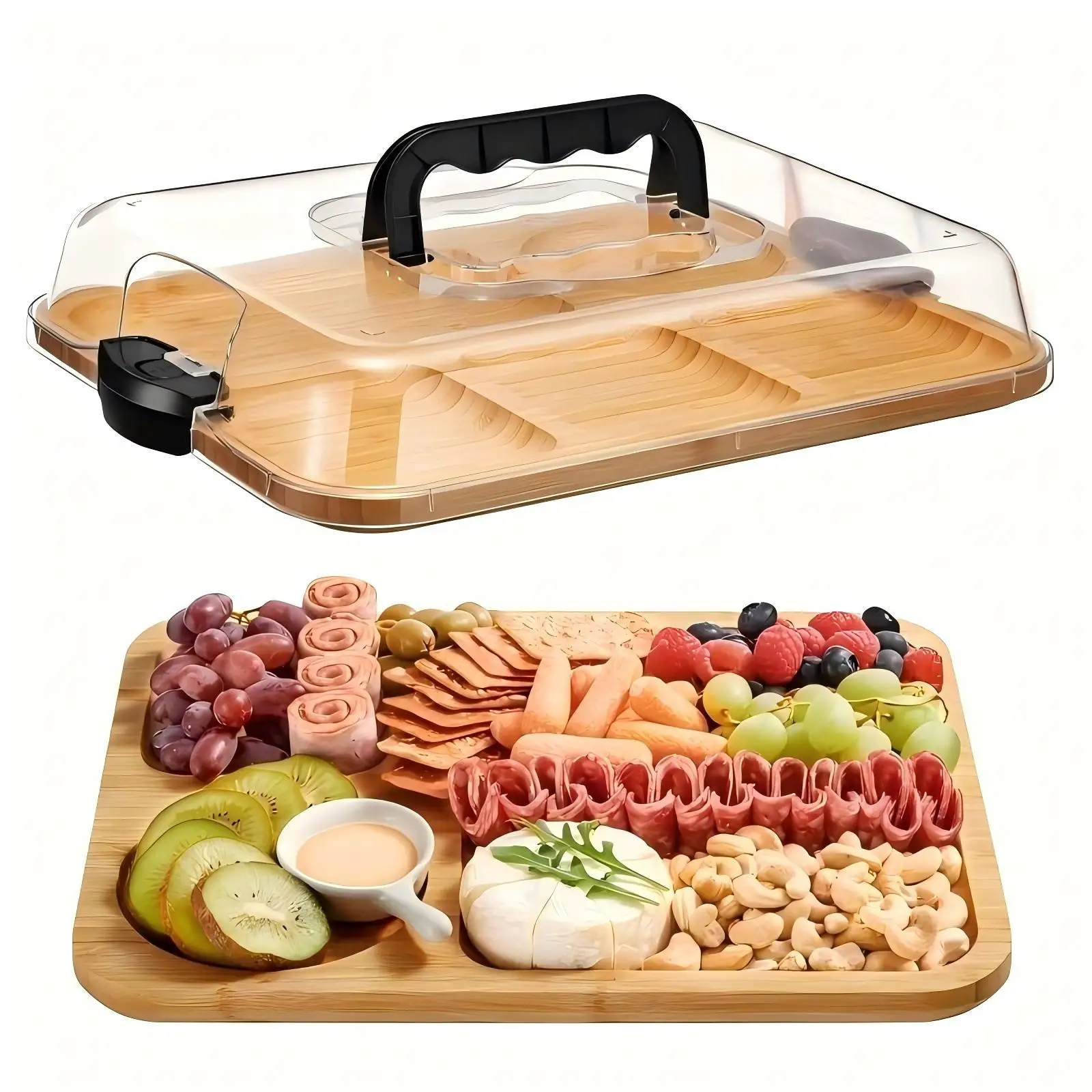 1-teiliges Serviertablett mit Deckel und 6 Fächern – Reise-Käse-/Charcuterie-/Obstteller mit Griffen
