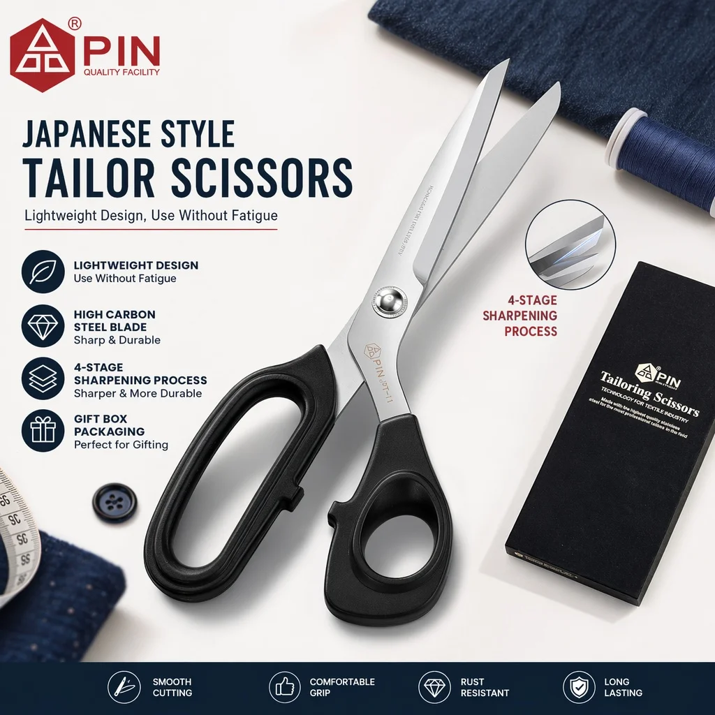 PIN Japanese Lightweight Sewing Scissors Stainless Steel 21cm/8.27in 27cm/10.63in 2 Sizes Black Tailoring & Fabric Cutting Tool