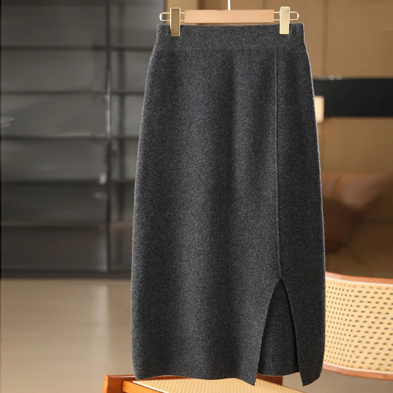 

New Women’s Wool Skirts Autumn Winter Office Lady Pure Wool Skirts Split Hemline Chic 100% Merino Wool Knitted Gentle Soft Dress