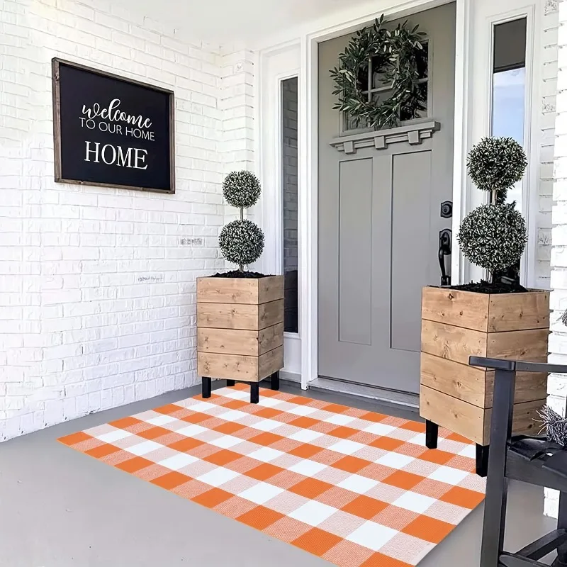 Unique Orange and White Checkered Door Mat Made of 100% Polyester Rug Suitable for Front Porch Farmhouse Kitchen Felt Carpet