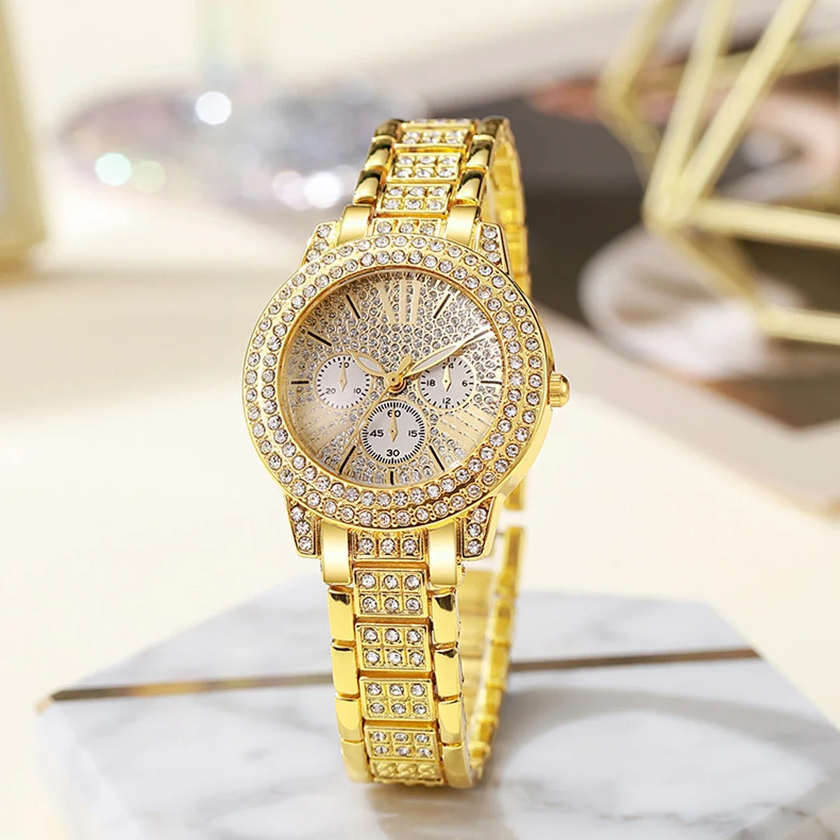 1 pcs full diamond Roman literal steel strap watch with starry temperament quartz watch paired with 5 pcs of large heart set