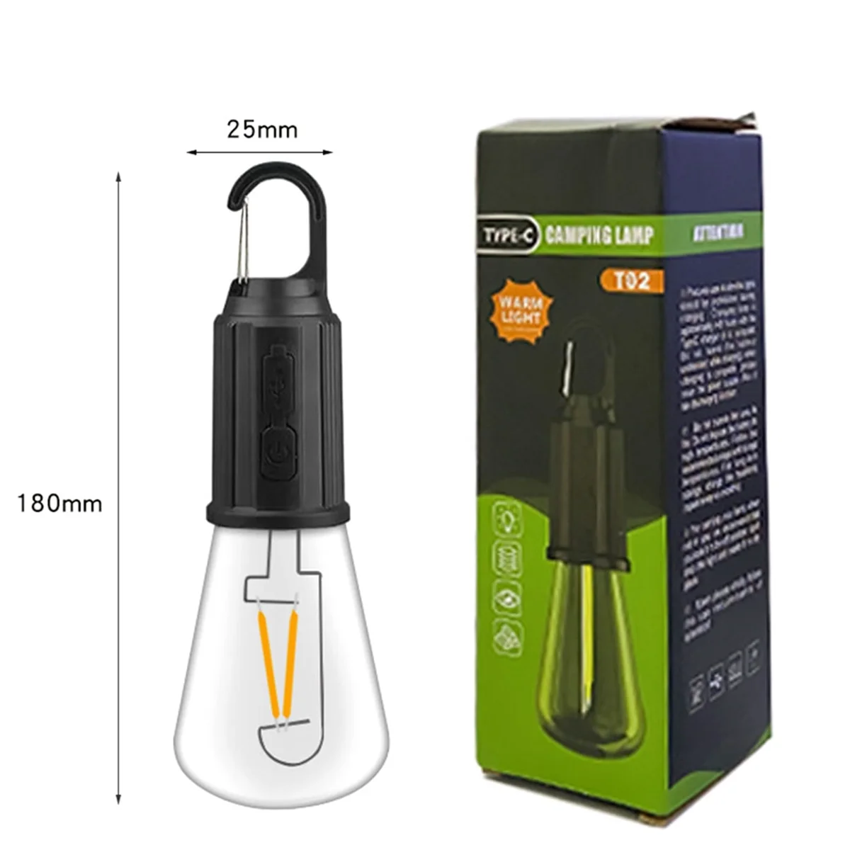 HHTL Outdoor LED String Light with Hook 400MAh Type-C USB Bulb 3 Modes Waterproof Camping Lantern Hanging Tent Light-T02