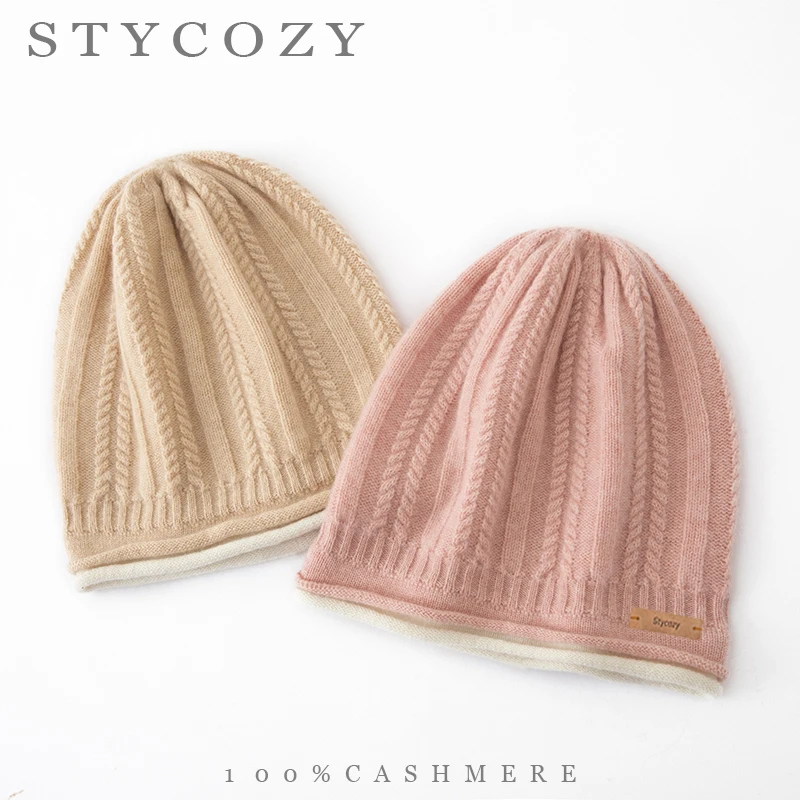 100%Cashmere Women Knit Beanie Quiet Luxury Color Blocking Double Rolled Edge Hat Daily Commute Winter Outdoor Warm Fancy Cap