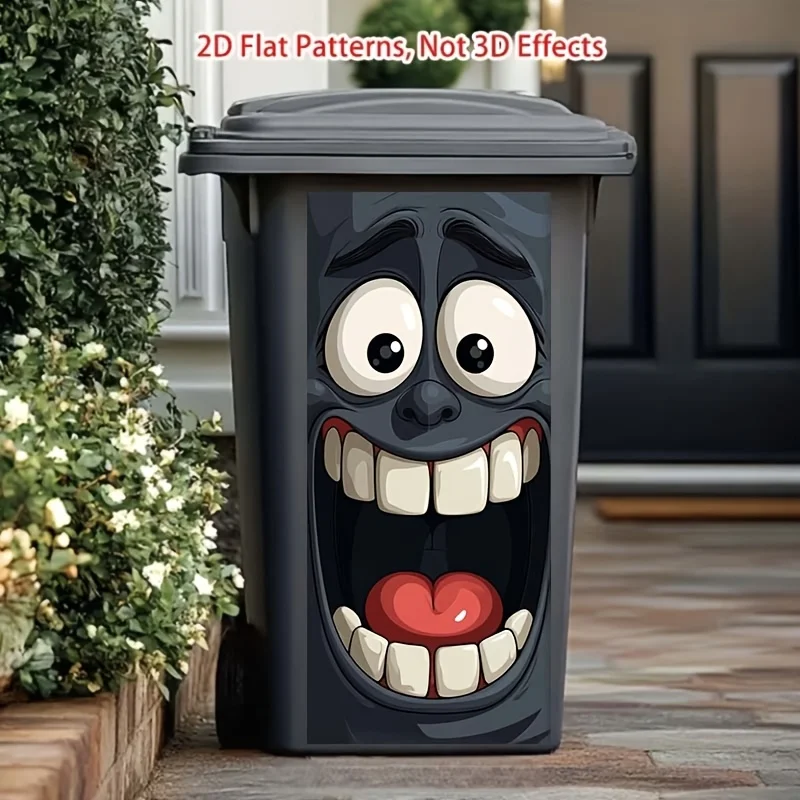 1 Stück 2D flacher, interessanter Aufkleber mit „Big Mouth Cartoon Face“-Motiv für den Mülleimer, 2D flacher Wandaufkleber, abnehmbarer, selbstklebender Aufkleber für den Außenbereich – Detail 3
